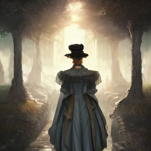 Prompt: portrait of a victorian lady in a futuristic city, from behind, streets, birds in the sky, sunlight and rays of light shining through trees, with a tall hat, tall buildings on the sides, beautiful, solarpunk!!!, highly detailed, digital painting, trending on ArtStation