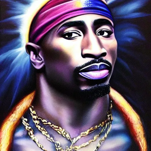 Image similar to Tupac as an airbrush painting with angel wings and a halo