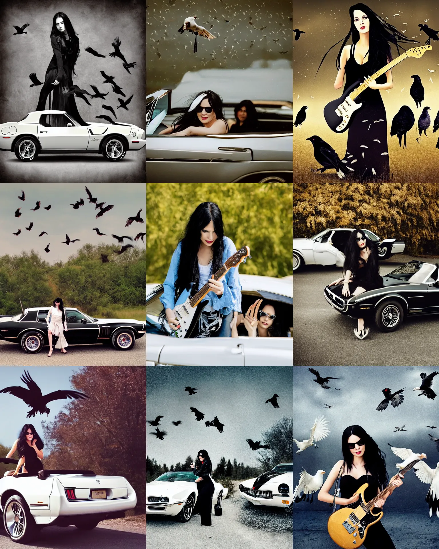 Prompt: a beautiful woman with Long black hair playing electric guitar by her White Pontiac Firebird convertible is surrounded by a flock of friendly crows, atmospheric, photorealistic