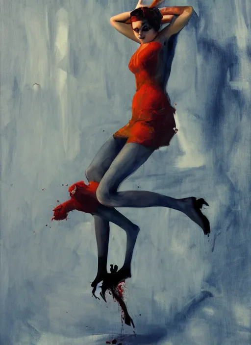 Image similar to a painting of annasophia robb standing on her knees, frozen cold stare, blood red background, transparent gray skirts, stockings, crows swarming trapped in the void as a symbol of death, in style of Edward Hopper, surrealism of Francis Bacon painting, Ilya Kuvshinov, John Singer Sargant, impasto textures of Chaim Soutine and Frank Auerbach, American Gothic, Japanese Gothic,