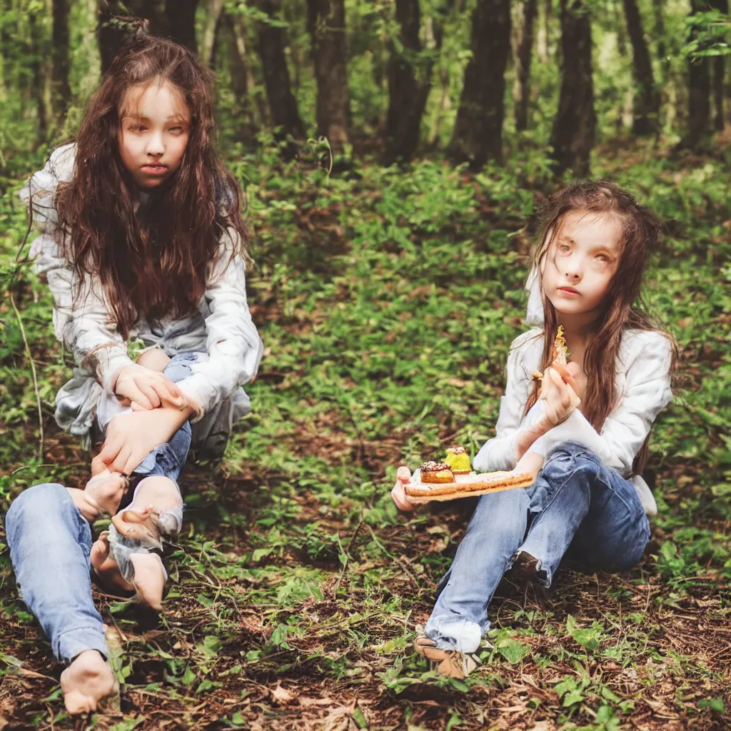 Image similar to a girl sitting in a forest, girl eating a piece of cake, sunny day, windy day, girl with clear beautiful face