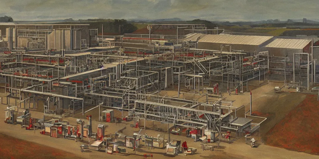 Prompt: painting of a meat processing plant, hariton pushwagner