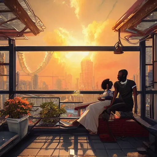 Image similar to highly detailed portrait of a black couple on the rooftop at sunset, synthwave city, stephen bliss, unreal engine, fantasy art by greg rutkowski, loish, rhads, ferdinand knab, makoto shinkai and lois van baarle, ilya kuvshinov, rossdraws, tom bagshaw, global illumination, radiant light, detailed and intricate environment