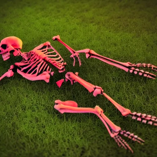 Prompt: humanoid skeleton with red eyes, sitting on green grass, beautiful lighting