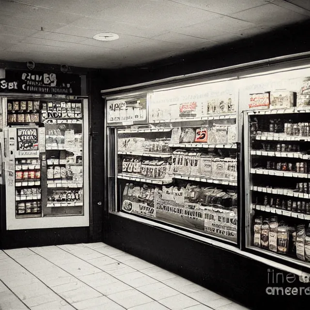 Prompt: a cow inside a convenience store at night, kodachrome photograph