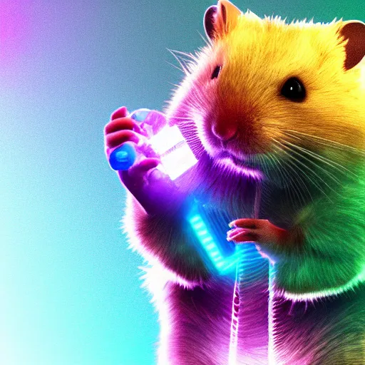 Image similar to cyberpunk hamster! holding rainbow! gem! crystal, neon lights, light reflection, 8 k, hd