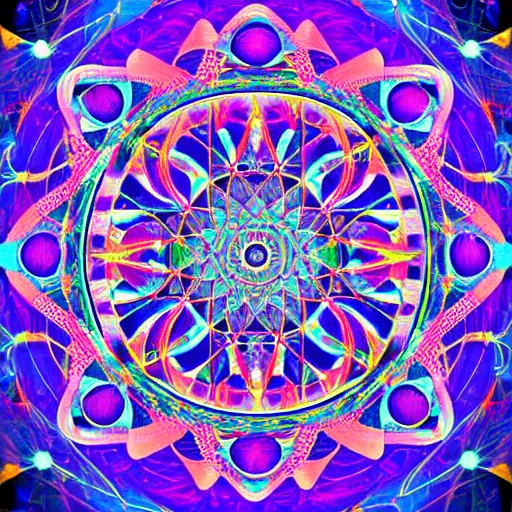 Image similar to 8k psychedelic abstract illustration of a dreamcatcher woven with a sacred geometry mandala