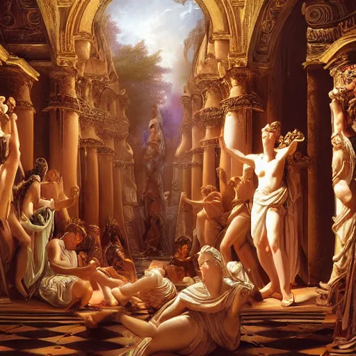 Image similar to Homeric mesmerizing inner sanctum of the most alluring venerable and beautiful truth, in the style of Jeff Easley, Antonio Canova, Ken Kelly, Élisabeth Vigée Le Brun, dramatic lighting, establishing shot, detailed and clear beautiful aesthetic beautiful realistic faces, 8k resolution – W 1024