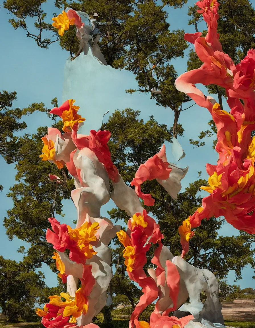Prompt: a cowboy turning into blooms by slim aarons, by zhang kechun, by lynda benglis. tropical sea slugs, angular sharp tractor tires. complementary colors. warm soft volumetric light. national geographic. 8 k, rendered in octane, smooth gradients. sculpture by antonio canova. red accents.