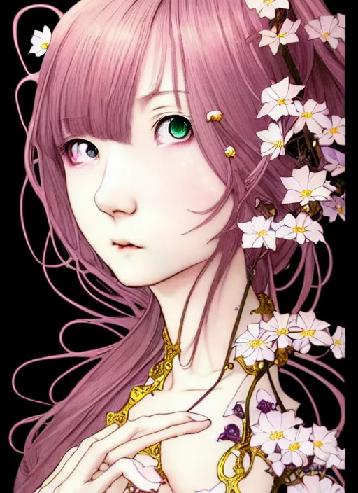 Prompt: exquisite imaginative manga poster portrait art of vampries girl, flowers, pearlescent, shimmering, reflective, rim light, clear face, detailed background, by kojima ayami, shigenori soejima, minaba hideo, alphonse mucha, dark fantasitic, illustration, artstation, pivix, concept art, highly detailed, colorful, maximalist