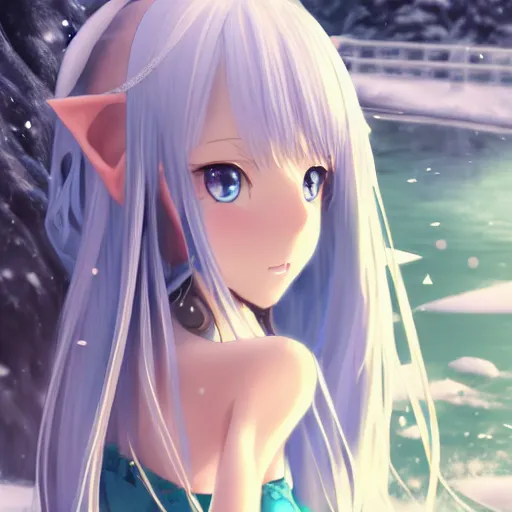 Image similar to a very beautiful anime elf girl, full body, long straight silver hair, sky blue eyes, full round face, short smile, casual clothes, ice snowy lake setting, cinematic lightning, medium shot, mid-shot, highly detailed, trending on Artstation, Unreal Engine 4k, cinematic wallpaper by Stanley Artgerm Lau, WLOP, Rossdraws, James Jean, Andrei Riabovitchev, Marc Simonetti, and Sakimichan