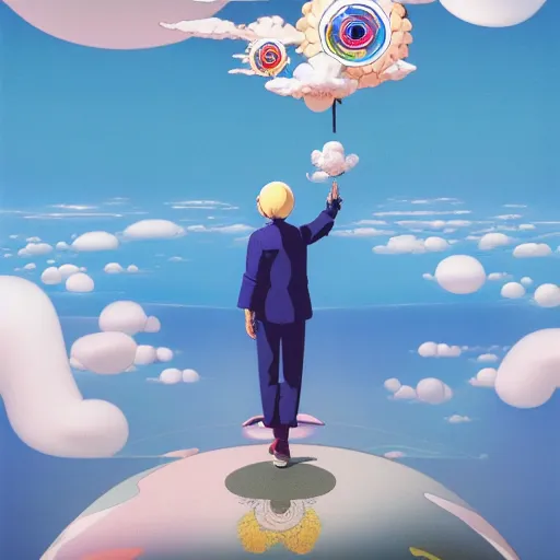 Image similar to a man walking on clouds above kyoto by takashi murakami, beeple and james jean, aya takano color style, 4 k, super detailed