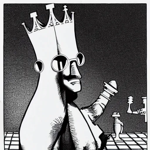 Prompt: an anthropomorphic chess piece dressed in a business suit, by moebius