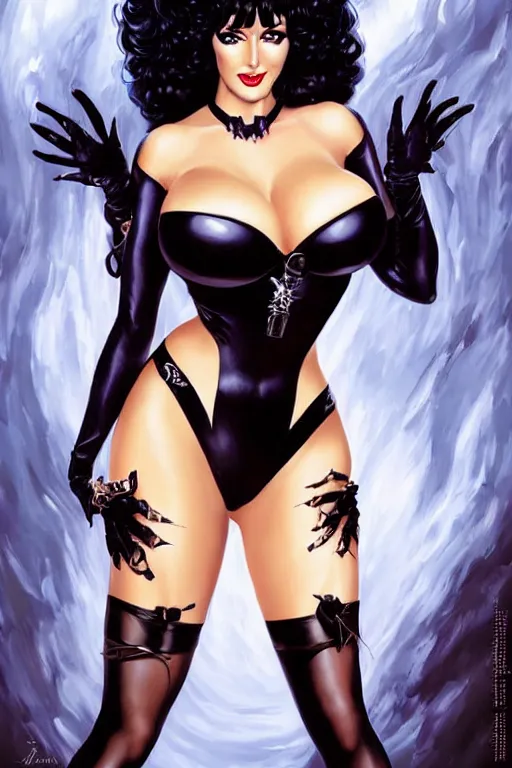Image similar to a ( beautiful masterpiece highly detailed ) full body portrait illustration of intimate alluring elvira! mistress of the dark by ralph horsely and artgerm and joe jusko, raven black hair, porcelain white skin. betty page, curvy. trending on artstation