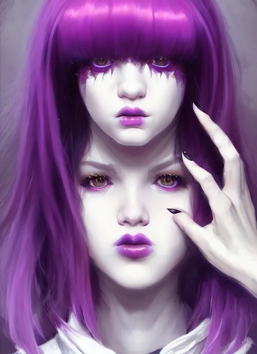 Image similar to portrait of white teenage girl, normal face, white bangs, mall goth, cyberlox, black and white hair, bangs, fluffy bangs, red contact lenses, purple lipstick, intricate, elegant, highly detailed, digital painting, artstation, concept art, sharp focus, smooth, illustration, art by wlop, mars ravelo and greg rutkowski