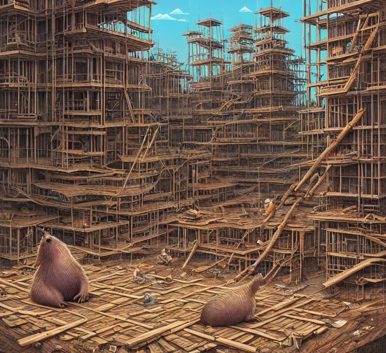 Prompt: photography hyperrealism concept art of highly detailed anthropomorphic beavers builders that building highly detailed futuristic city with sticks by hasui kawase and scott listfield sci - fi style hyperrealism