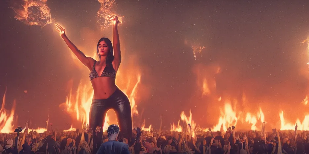 Prompt: realistic cinematic views of a Orwellian Coachella with fires in the background and dead animals falling from the sky in front of the main stage celebrating a large statue of Kylie Jenner holding an iPhone 13, hyper detailed, terror glows, hyper realistic, digital painting, 8k, 35mm film grain, octane render