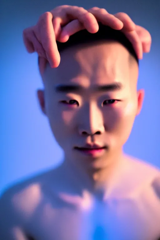 Prompt: high quality 35mm photo very expressive translucent! chinese man exoskeleton highly detailed eric zener elson peter cinematic blue lighting high angle hd 8k sharp shallow depth of field