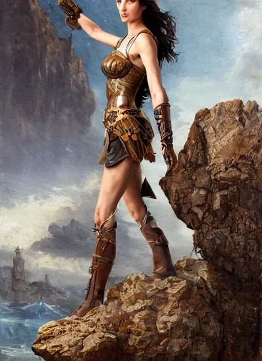 Prompt: highly detailed steampunk gal gadot posing while standing on a rock : leonardo da vinci, greg rutkowski, magali villeneuve