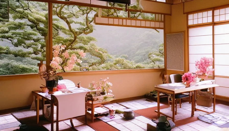 Image similar to 1 9 9 0 s candid 3 5 mm photo of a beautiful day in the a dreamy japanese flowery cottage designed by gucci, cinematic lighting, cinematic look, golden hour, a desk for flower arrangements and journaling has sun shinning on it through a window, temple in the distance, photographed by petra collins, uhd