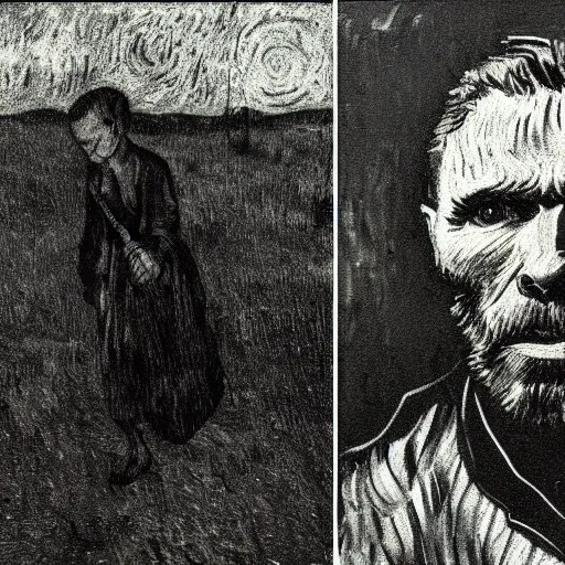 Image similar to internal conflict, morbid photography, dark, gloomy, vincent van gogh