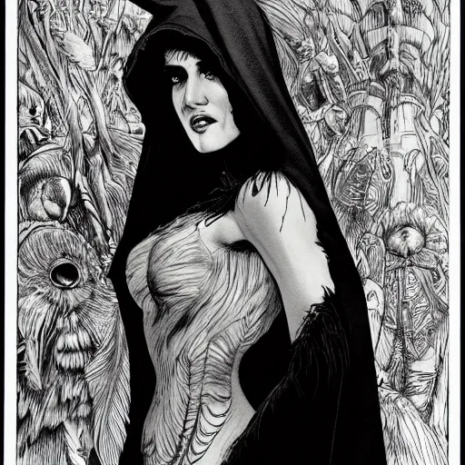 Prompt: highly detailed ink drawing of young innocent jennifer connelly as youthful alien bird - woman, gothic wearing hooded dark cloak, morphing, modestly dressed, reading in library, gray skin, black feathers instead of hair, black feathers growing out of skin, bumpy skin, black hands with black claws, comic book, rough paper, mike mignogna, mucha