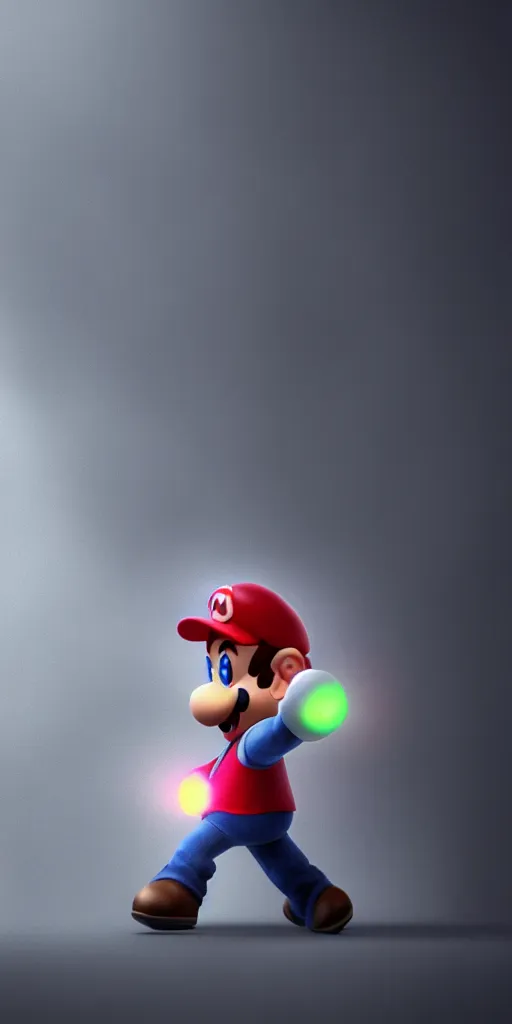 Image similar to a photorealistic render of the a nintendo character, triple a game, character design, hyper realistic, plain black background, 8 k, volumetric light, octane render