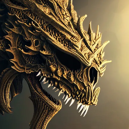 Prompt: Ultra detailed 3d render of fractal dragon, fantasy skull, intricate ornate details, mandelbrot, octane render, 8k, high quality, volumetric lighting, smooth surface render