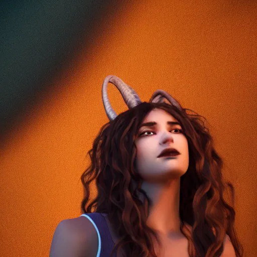 Prompt: a profile of gypsy girl with long curly hair and big goat horns, octane render, 4 k, 8 k, behance hd