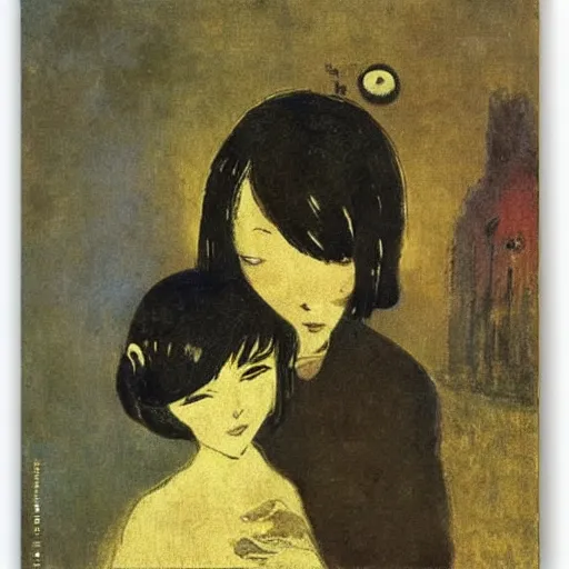 Image similar to manga spider with girl face and her cat with 8 legs wolking on street by odilon redon