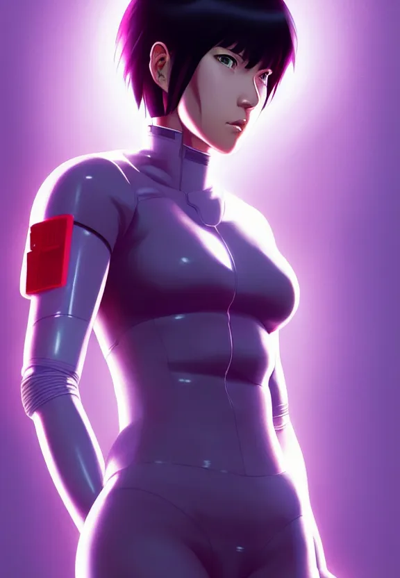 Image similar to a fullbody portrait of motoko kusanagi the major ghost in the shell : : connected to cables, under repairs, maintenance area, technicians : : by ilya kuvshinov, rossdraws, artgerm, sola digital arts, anti aliasing, raytracing : :