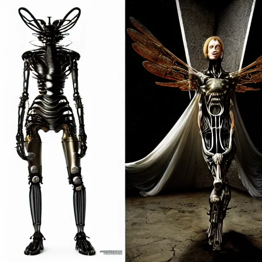 Prompt: still frame from Prometheus movie by Makoto Aida, biomechanical mantis angel archangel gynoid by giger, metal couture by neri oxmn and Guo pei, editorial by Malczewski and by Caravaggio