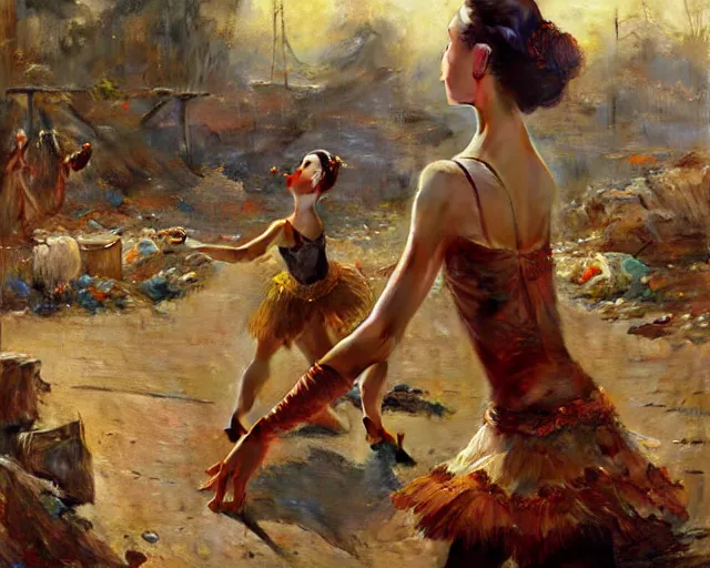 Prompt: a ballerina dancing at a rubbish dump. highly detailed painting by gaston bussiere, craig mullins, j. c. leyendecker 8 k