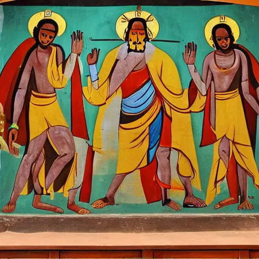 Prompt: a picture of an ancient Ethiopian church painting of the devil, wall mural