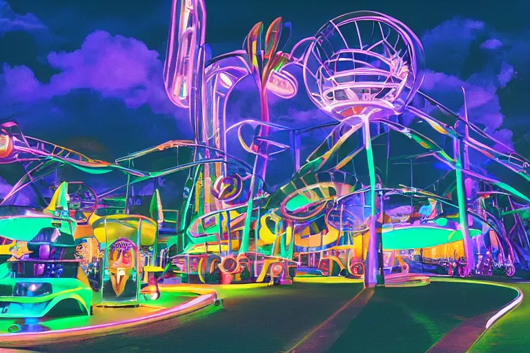 Image similar to retrofuturistic theme park, night glow