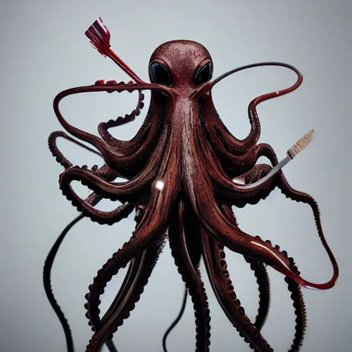 Image similar to macro photo of sci-fi cybernetic octopus holding paintbrushes, photography, filmic, cinematic, dramatic, depressed, photoshoot, 35mm, wide angle, short exposure, double-exposure, f/22, 22 megapixels, shot on 35mm, DSLR, 32k, hyper-realistic, highly detailed, ray traced, RTX, anti-aliasing, FXAA, sharpen, SFX, SSAO, de-noise, cinematic lighting, beautiful lighting, studio lighting, ultra realistic, max quality, epic 35 mm lens shot, photorealism, ray tracing global illumination, sharp focus, shadows, shaders, establishing shot