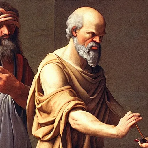 Prompt: socrates wearing a virtual reality headset, renaissance painting