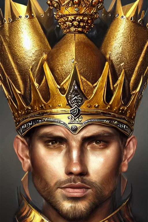 Image similar to Hyper-realistic upper-body Portrait of the King of the Desert, Warrior, Gold Armour and Crown, Sword, handsome attractive face, attractive young man, beautiful face, photo realistic, dramatic lighting, majestic, trending on artstation, elegant, intricate, highly detailed, digital painting, concept art, sharp focus, illustration, art by artgerm and greg rutkowski and alphonse mucha