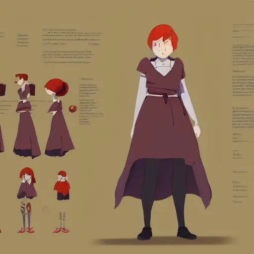 Image similar to character sheet for a ginger mage woman, atey ghailan, goro fujita, studio ghibli, rim light, sharp lighting, clear focus, very coherent,