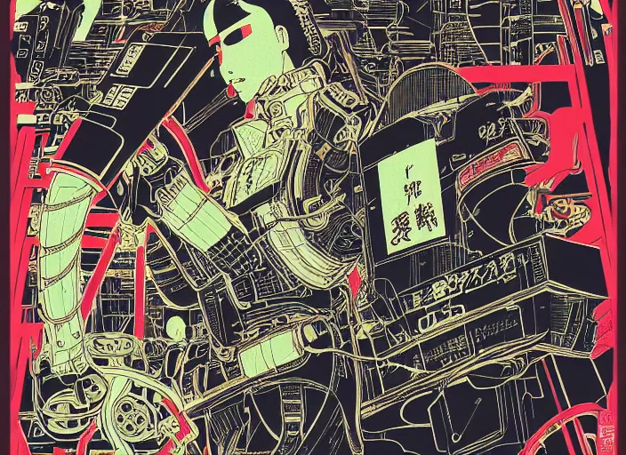 Image similar to futuristic japanese cyberpunk bladerunner silk screen by utagawa yoshiiku, ohara koson, pixiv contest winner, cyberpunk style, cyberpunk color scheme, mechanical, robotic, human machine interface, high resolution, hd, bold clear lines