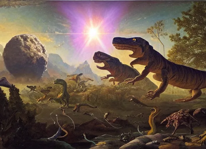 Image similar to earth during the cretaceous – paleogene extinction event, just as the asteroid is colliding with earth, dinosaurs from that era panicing and running in the far background, in the style of hudson river school of art, oil on canvas