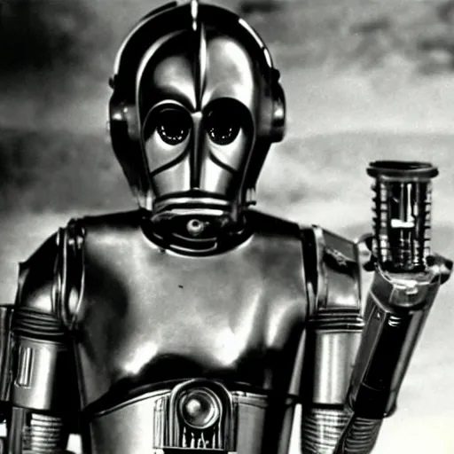 Image similar to ''a film still of C3PO in Star Wars released in 1940s''