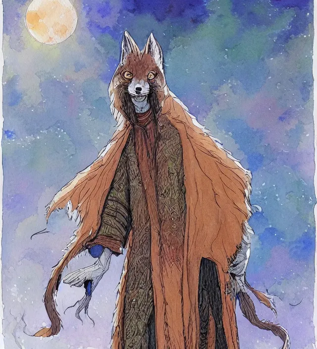 Image similar to a 3 / 4 view watercolor ink painting of an anthromorphic fox sorcerer / wizard in the style of jean giraud in the style of moebius trending on artstation deviantart pinterest detailed realistic hd 8 k high resolution