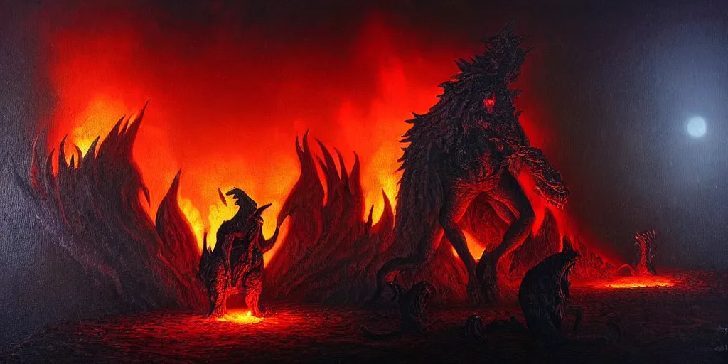 Image similar to mythical creatures and monsters at the mouth of hell, dramatic lighting glow from giant fire, in a dark surreal painting by ronny khalil