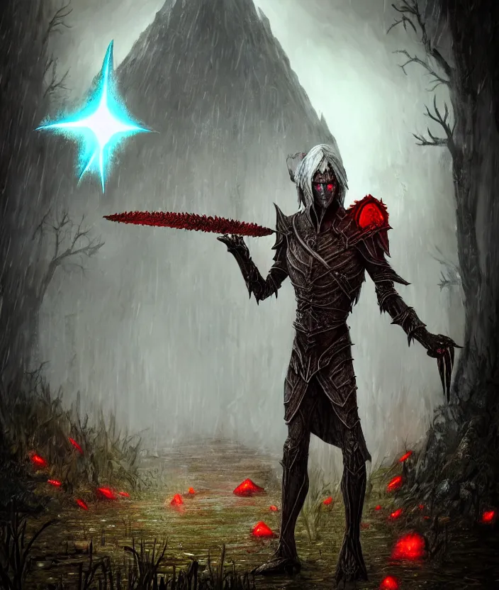 Prompt: A Dark Elf in Daedric armor with white hair and glowing red eyes travels in the rain through the land of Morrowind with his pack guar, Hyper realism, glow, runes, magic, morrowind, Skywind, Ash, Mushrooms, mud, Oblivion, Skyrim, solstheim, dark, gloomy