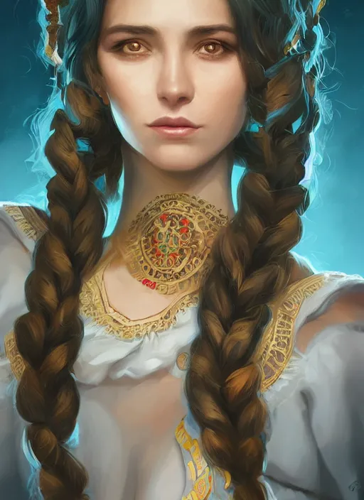 Prompt: a portrait of a woman that is a personification of argentinian stereotypes wearing argentina flag, latino american, intricate, highly detailed, digital painting, artstation, concept art, smooth, sharp focus, illustration, art by Charlie Bowater and Gustave Baumann, matte painting