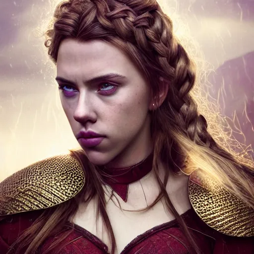 Prompt: head and shoulders portrait of a female knight, young scarlett johansson, golden etched armor, lord of the rings, celtic hair braid, eldritch ruby, thunderstorm, by artgerm, alphonse mucha, face detail, sharp focus, magic hour, vogue fashion photo