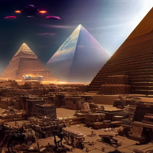 Image similar to a scene of the beautiful intricate epic futuristic pharaoh city with the cyber sphinx of giza, hovering cyber pyramid, hyper detailed, cinematic lighting