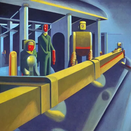 Image similar to drab human slaves on a conveyor belt, giant steel teeth, guarded by fascist robot overlords, brutalist facility, dystopian, pj crook, edward hopper, oil on canvas