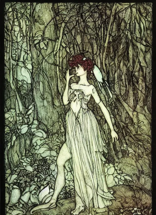 Prompt: fairy girl in forest, arthur rackham